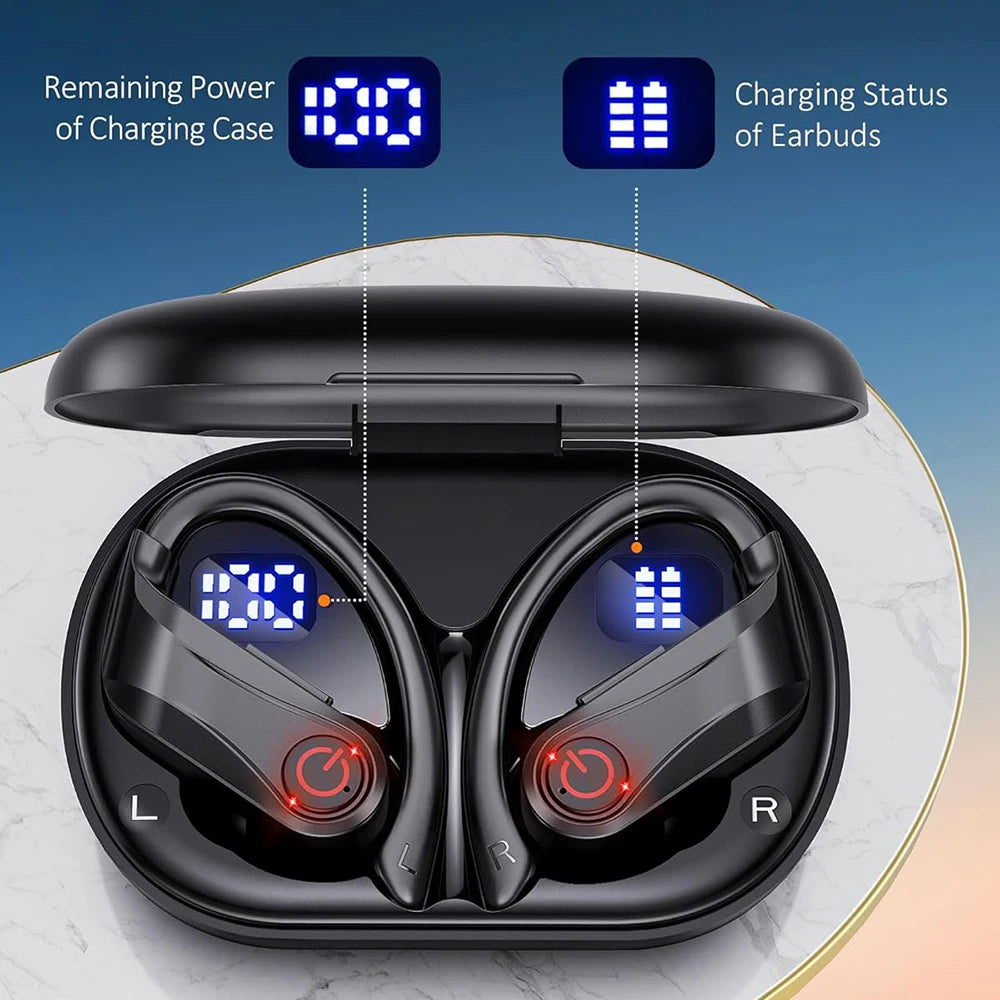 Wireless Earbuds 200H Long Standby Bluetooth Headphones, Over-Ear Stereo Bass Ear phone Built-in Microphone, Sports Waterproof 