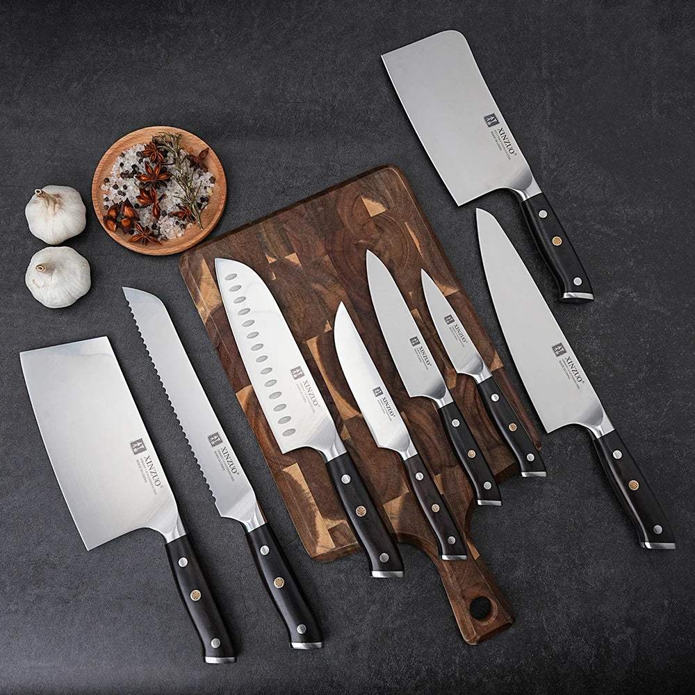 XINZUO Premium Modern 1-8PCS Din 1.4116 Stainless Steel Chef, Santoku, Utility & Paring Knife Set with Black Ebony Handles