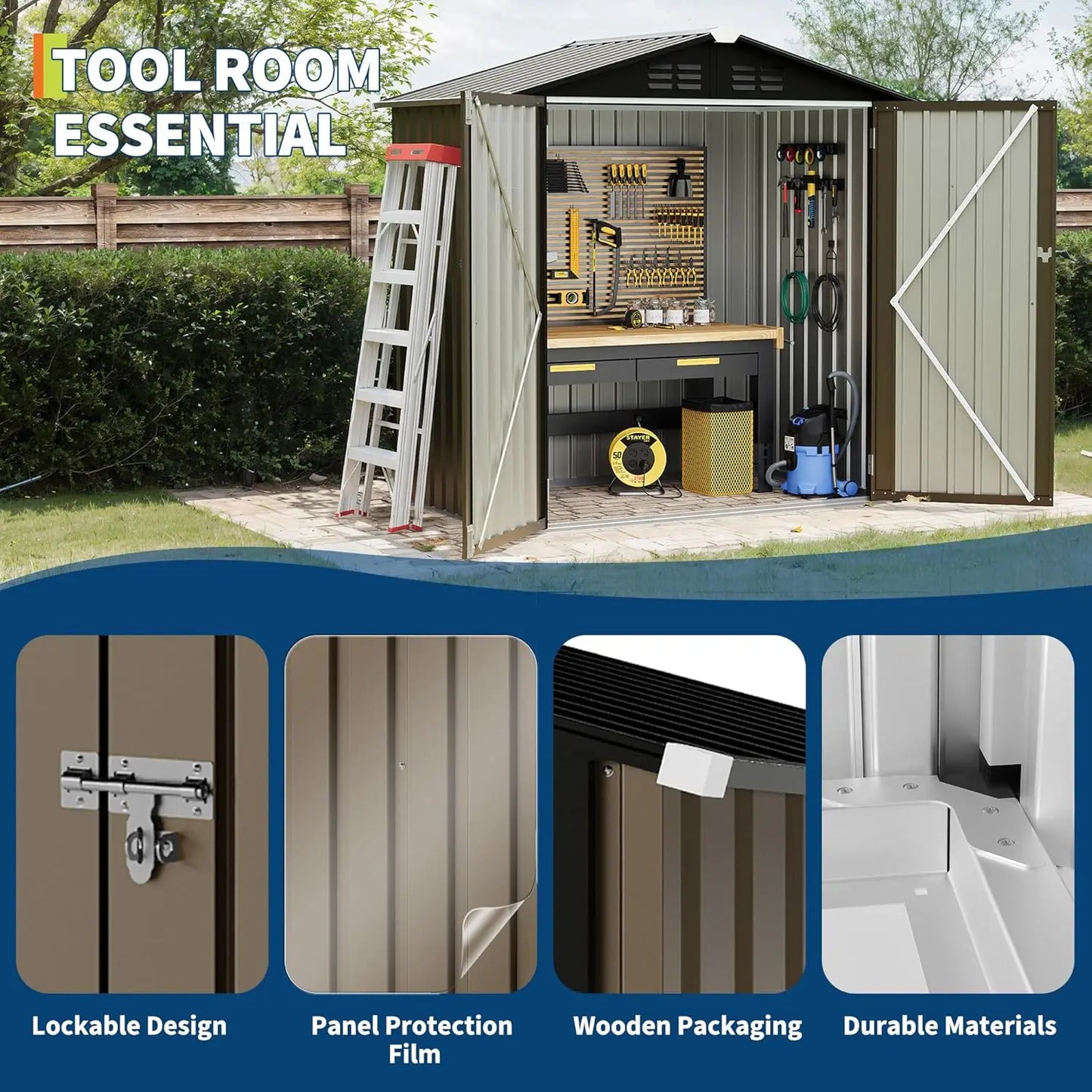 6x4 FT Outdoor Storage Shed, Tool Storage Shed with Sloping Roof and Lockable Door, Panel Protection for Backyard Garden Patio