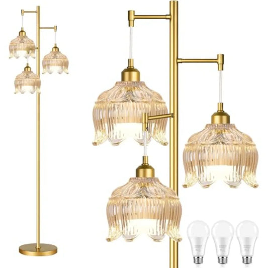 Vintage Floor Lamps for Living Room Bedroom-3 Light Gold Floor Lamp with Glass Lampshape Flower Tall Lamp Glass Mid Century Sta