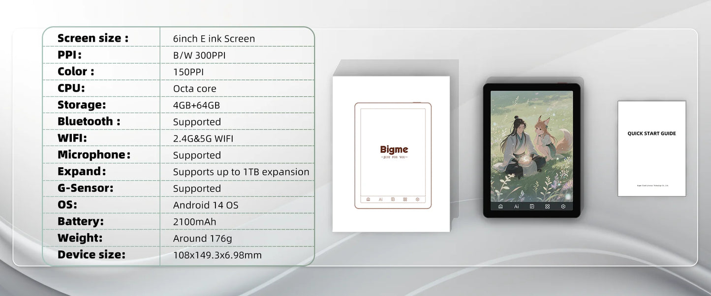 Bigme B6 ereader, 6'' e-ink electronic book, 36-level front light, 4+64GB Android 14 OS built-in Google Play ebook reader tablet
