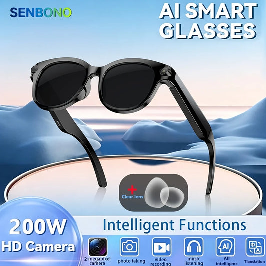 SENBONO 2026 AI Smart Glasses With HD Camera Portable Charger 100+language AI Translation Bluetooth Call Music Player Sunglasses
