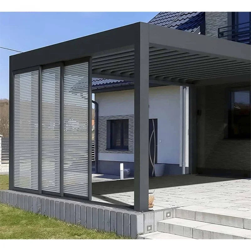 Aluminum pergola, rainproof, electrically adjustable gazebo, electric louvered awning, outdoor patio sunshade.