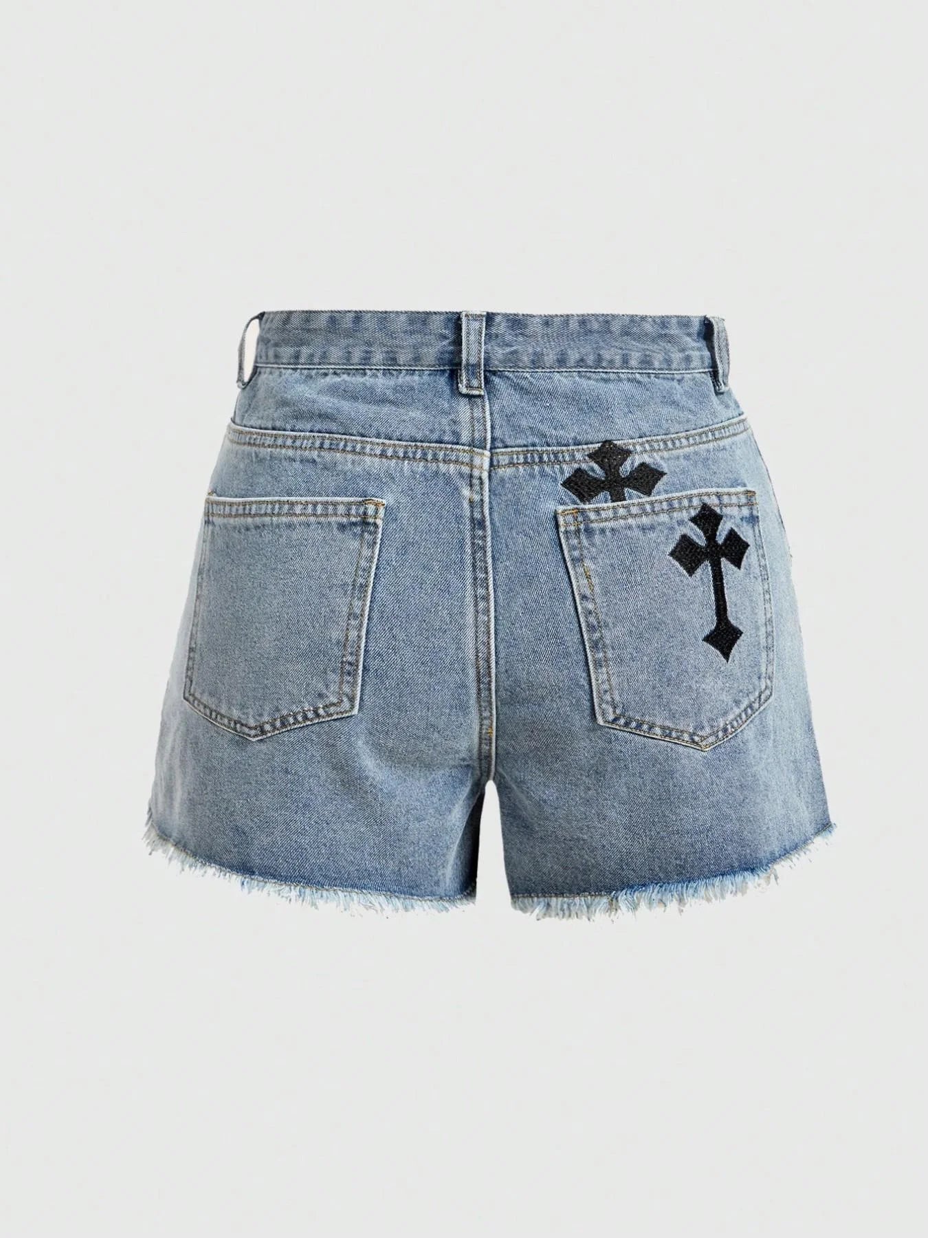 Trendy Cross Embroidery Denim Shorts, High Waist Frayed Hem Jeans, Fashionable Summer Wear, Women's Casual Pants