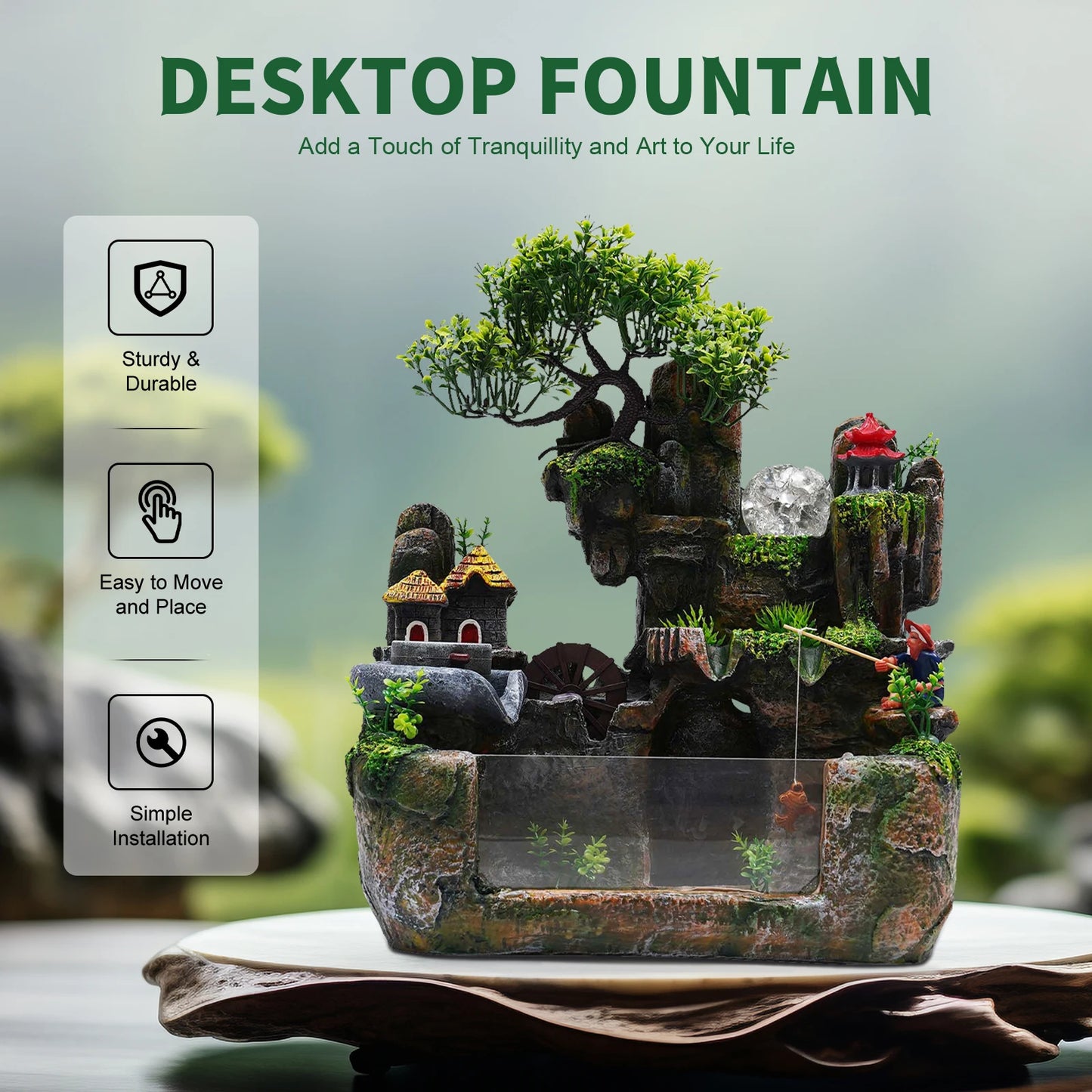 Lucky Feng Shui Money Tree Water Fountain,Circulating Fish Tank Waterfall with Resin Rockery,for Wealth Success & Home Decor Gif