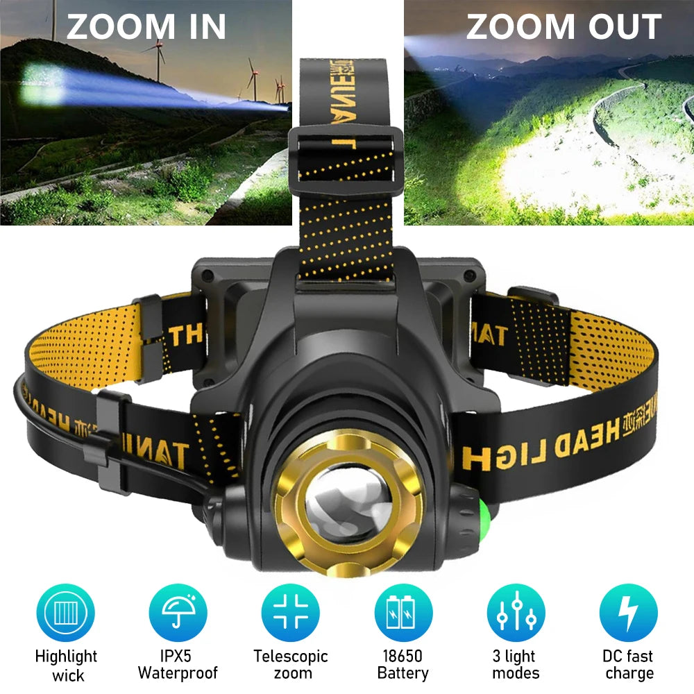 LED Headlamp Portable USB Rechargeable with Built in 18650 Battery Headlight Camping Adventure Head Light Powerful Flashlight