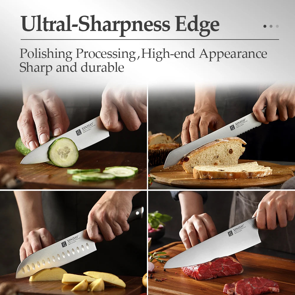 XINZUO Premium Modern 1-8PCS Din 1.4116 Stainless Steel Chef, Santoku, Utility & Paring Knife Set with Black Ebony Handles