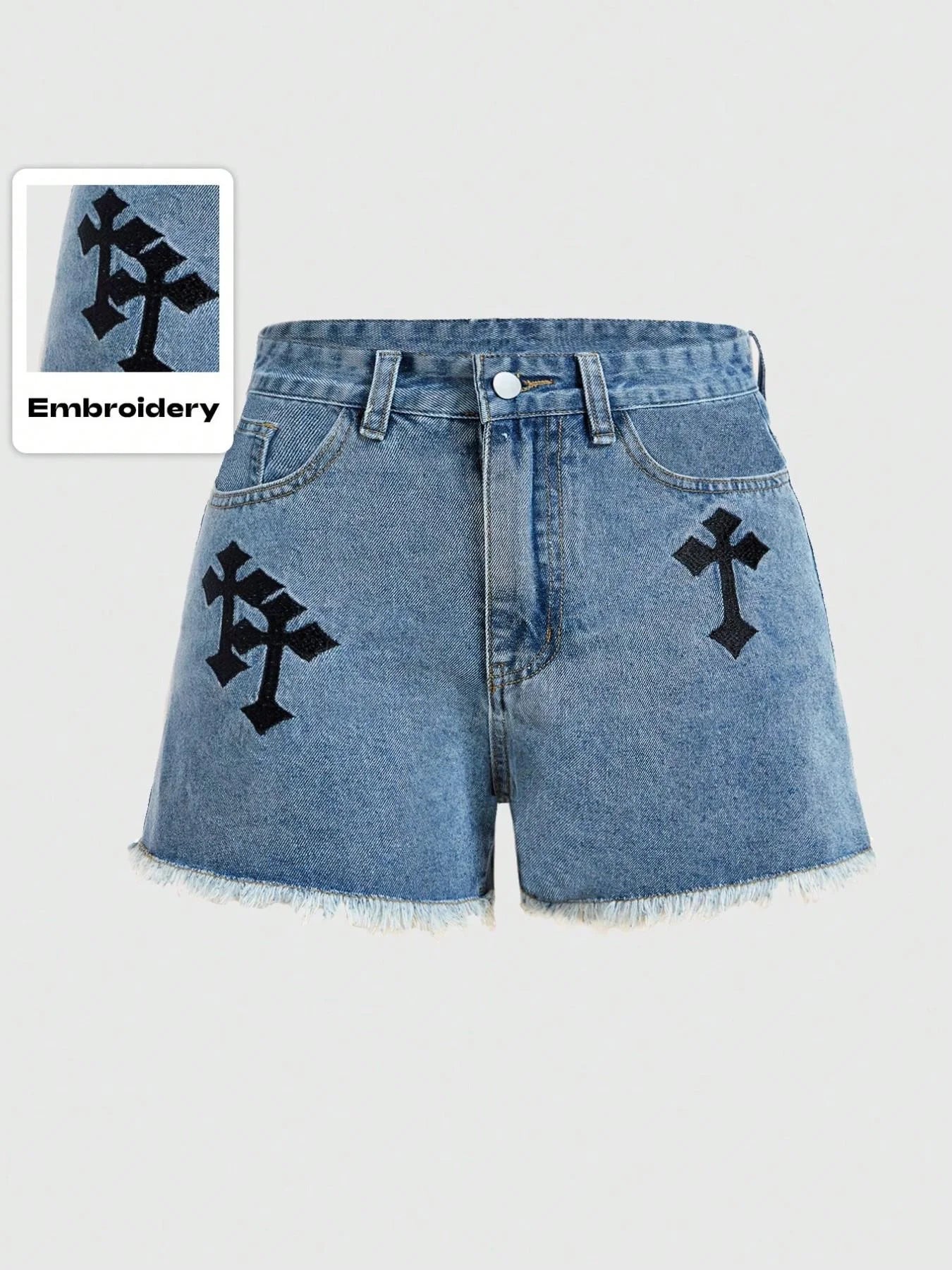 Trendy Cross Embroidery Denim Shorts, High Waist Frayed Hem Jeans, Fashionable Summer Wear, Women's Casual Pants
