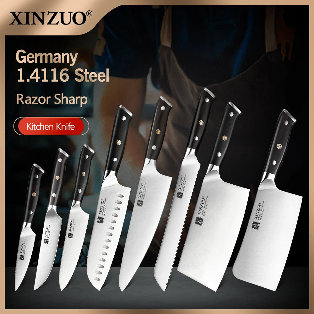 XINZUO Premium Modern 1-8PCS Din 1.4116 Stainless Steel Chef, Santoku, Utility & Paring Knife Set with Black Ebony Handles