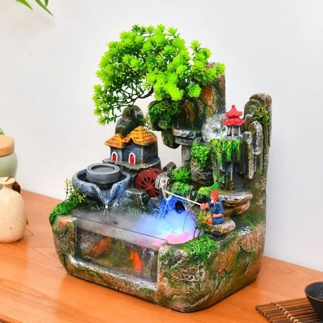 Lucky Feng Shui Money Tree Water Fountain,Circulating Fish Tank Waterfall with Resin Rockery,for Wealth Success & Home Decor Gif