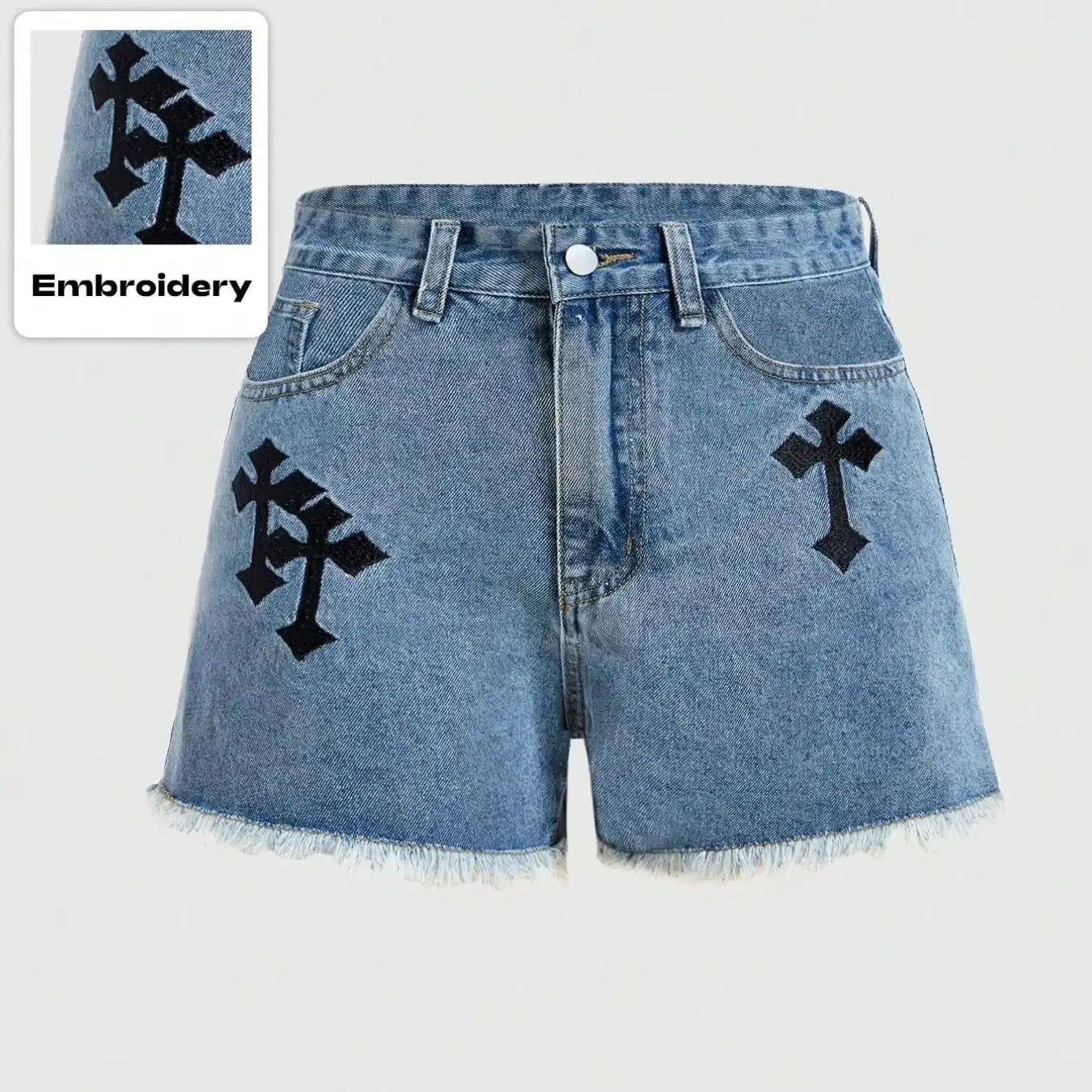 Trendy Cross Embroidery Denim Shorts, High Waist Frayed Hem Jeans, Fashionable Summer Wear, Women's Casual Pants