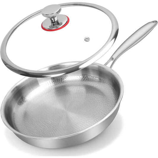 Titanium Steel Frying Pan， Non Stick Pan with Lid Titanium Alloy Cooking Pot Uncoated Fish Scale Hammer Pattern Kitchen Cookware