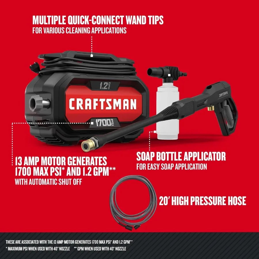 Electric Pressure Washer for Outdoor Cleaning Cold Water 1700PSI High Pressure 1.2GPM Flow Rate Corded Design Ideal for Car Was