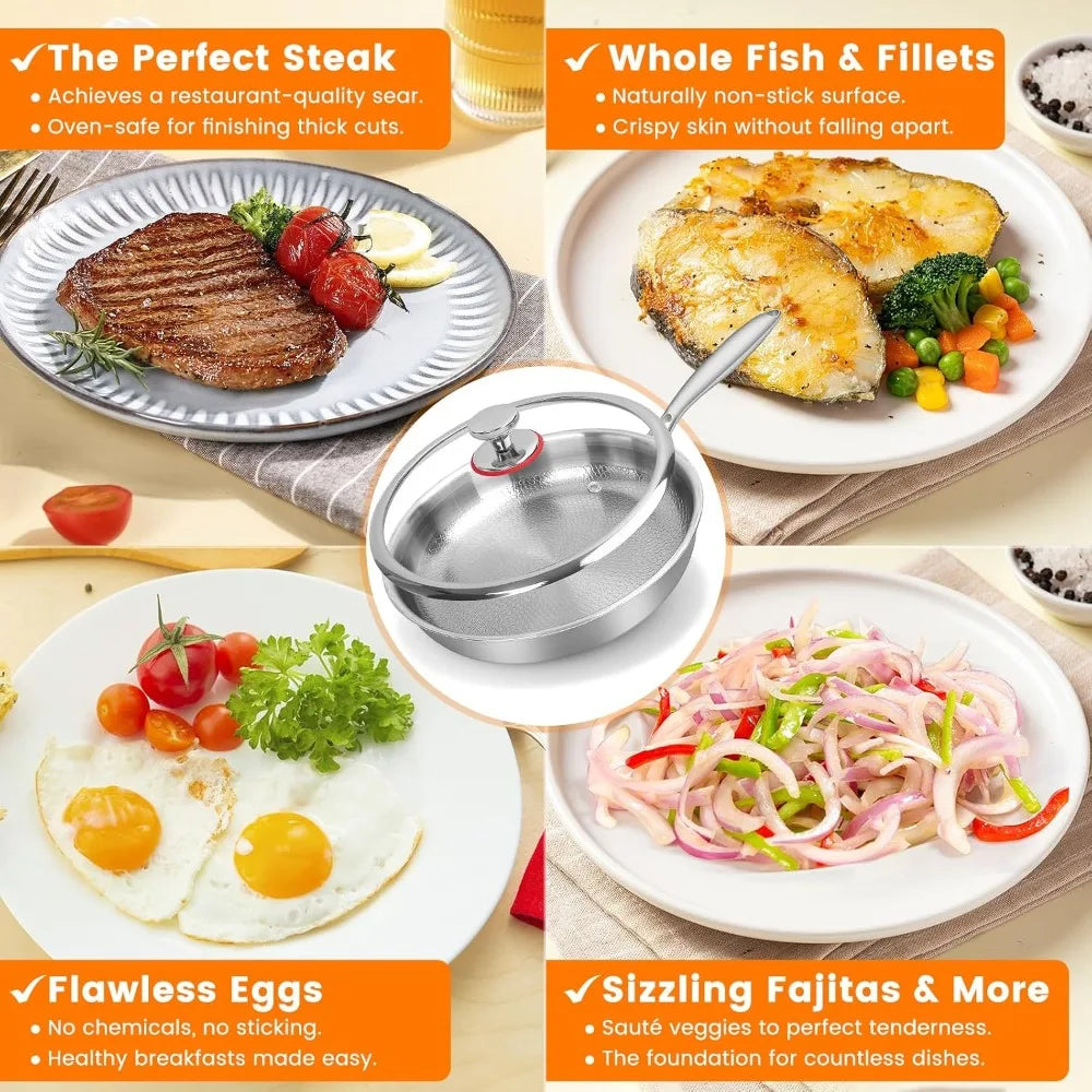 Titanium Steel Frying Pan， Non Stick Pan with Lid Titanium Alloy Cooking Pot Uncoated Fish Scale Hammer Pattern Kitchen Cookware