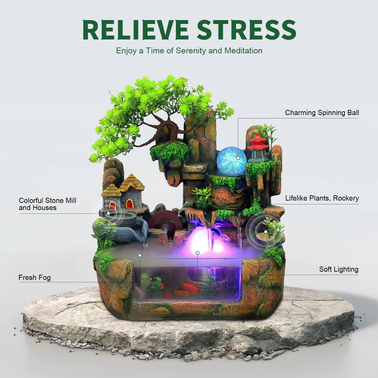Lucky Feng Shui Money Tree Water Fountain,Circulating Fish Tank Waterfall with Resin Rockery,for Wealth Success & Home Decor Gif