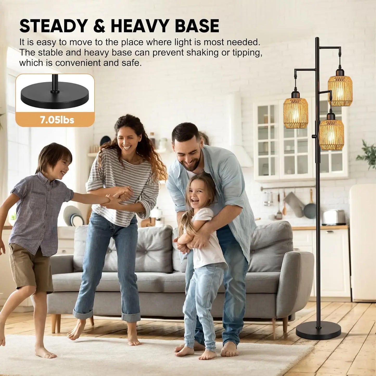 Dimmable Boho Floor Lamp - 3 Light Farmhouse Rattan Design for Living Room, Bedroom & Office, 68" Black