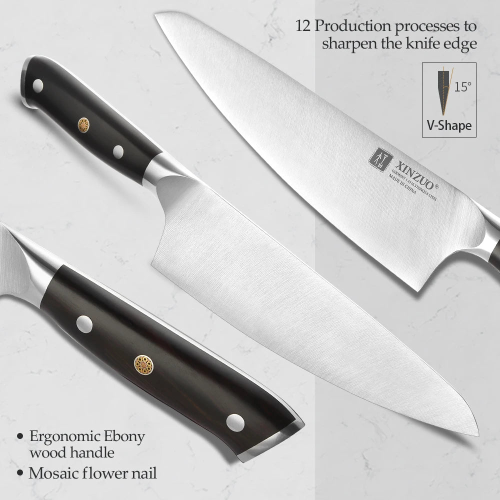 XINZUO Premium Modern 1-8PCS Din 1.4116 Stainless Steel Chef, Santoku, Utility & Paring Knife Set with Black Ebony Handles