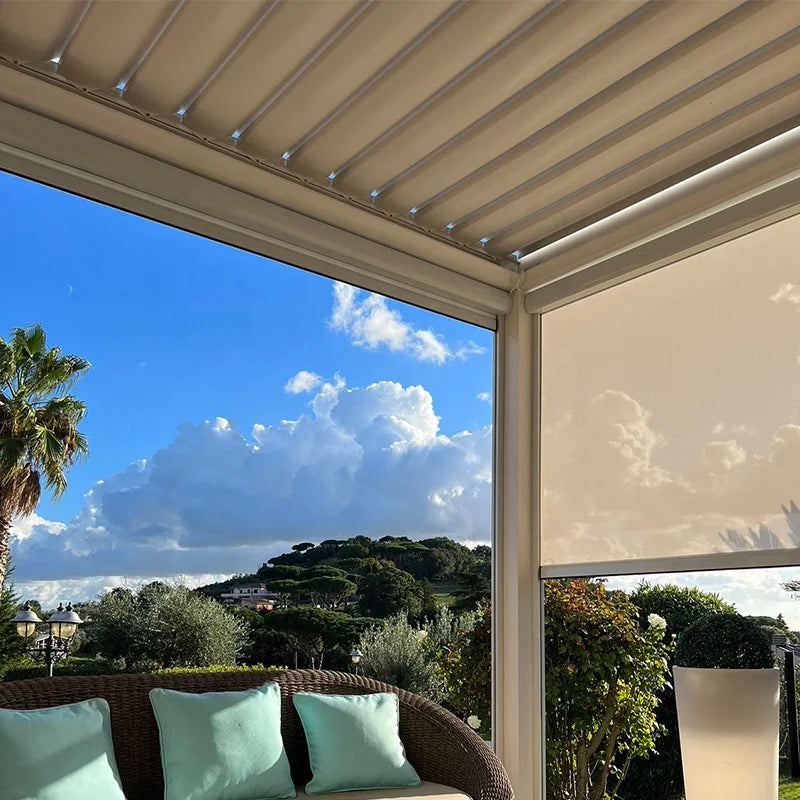 Aluminum pergola, rainproof, electrically adjustable gazebo, electric louvered awning, outdoor patio sunshade.