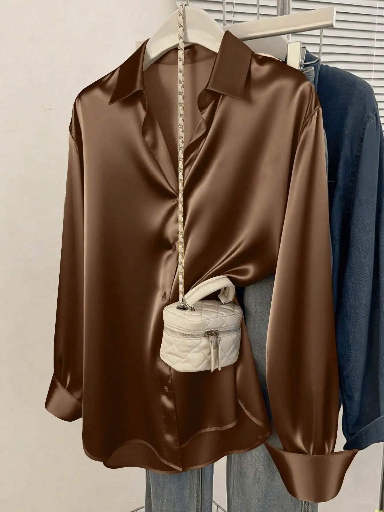 Women's Satin Button-Up Blouse, Elegant Collared Shirt for Office or Casual Wear, Autumn Winter Spring