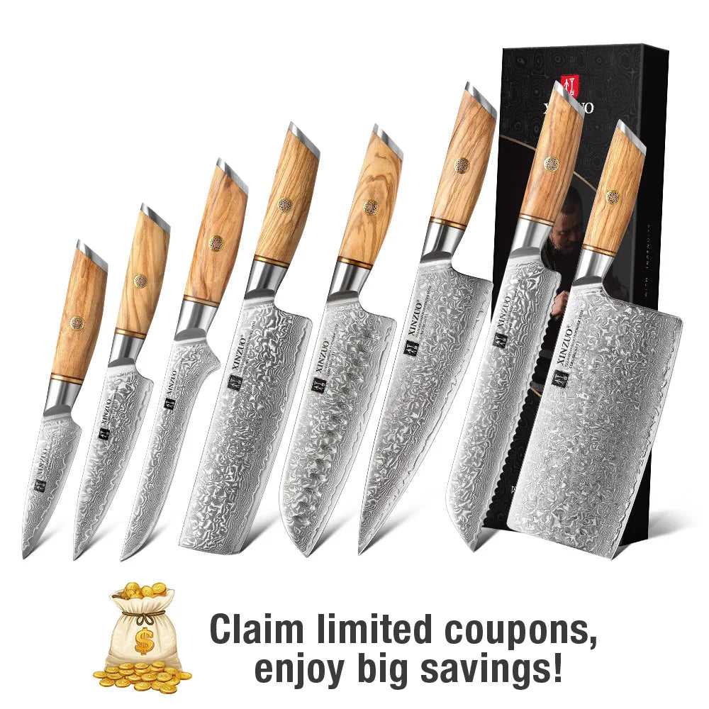 XINZUO 1-8pcs Kitchen Knife Set 73 Layers Custom Damascus Steel 15°±1 Per Side Steel Blade with Olive Wood Handle