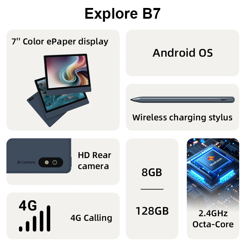 Bigme 7'' electronic book B7, color e-ink ebook reader, 300PPI, 8GB+128GB, Android14 open system, ereader tablet with 4G calling