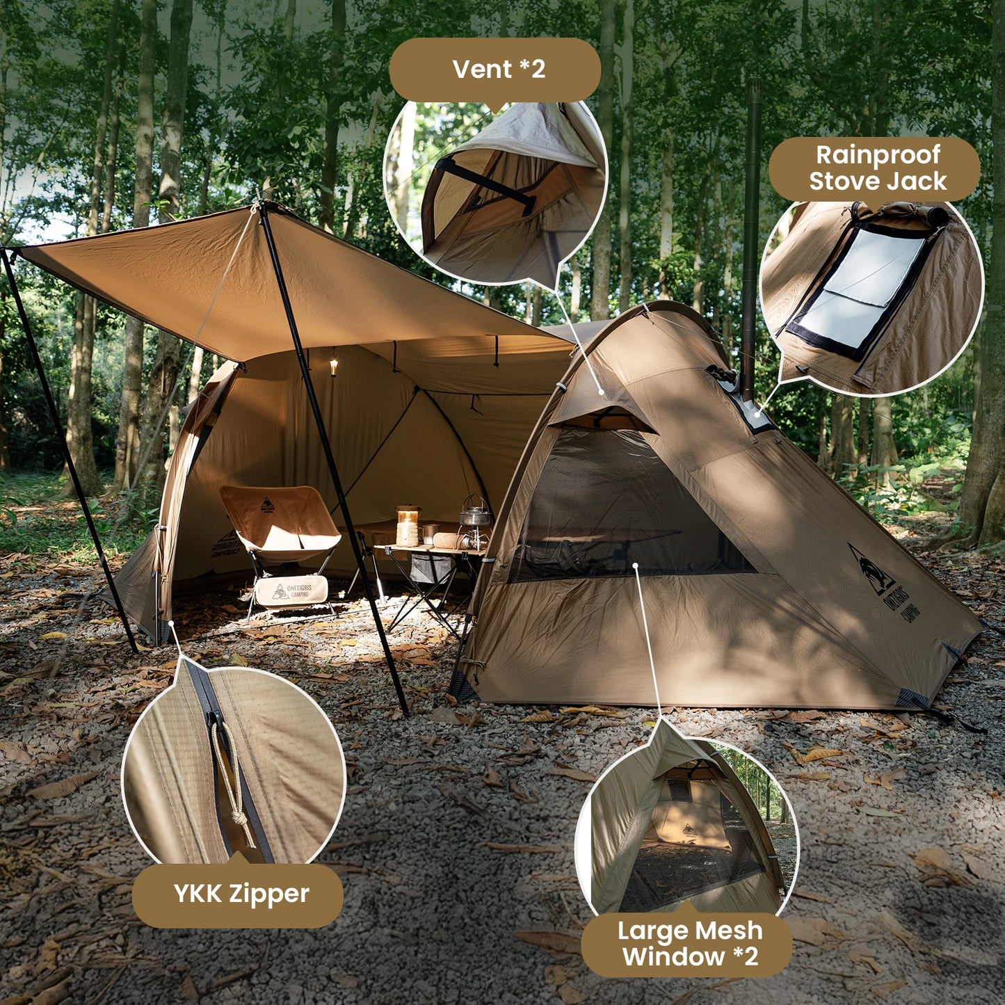 OneTigris Raven Nest Tunnel Hot Tent 2 Person Camping Shelter with Stove Jack 4 Season Waterproof Tent for Backpacking Bushcraft