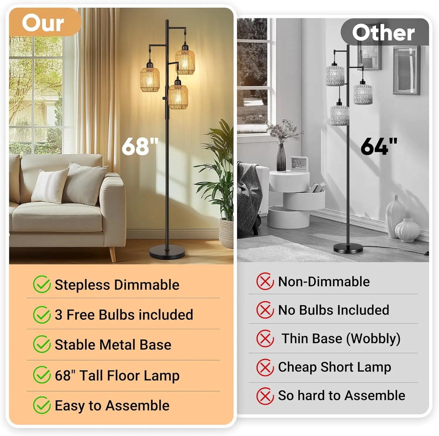 Dimmable Boho Floor Lamp - 3 Light Farmhouse Rattan Design for Living Room, Bedroom & Office, 68" Black